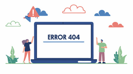 People standing near a laptop displaying error 404 message with surrounding clouds and an alert icon near it