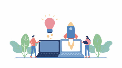 Illustration of a startup scene with two people laptops rocket lightbulb and plant leaves on white