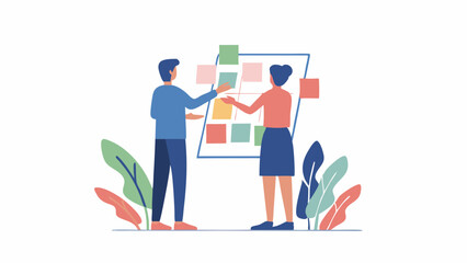 Two people collaborating on a project using sticky notes on a board surrounded by plants and greenery