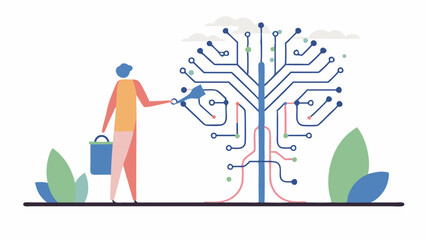 Illustration of a person watering a circuit board tree with a watering can and a bucket nearby at ground level