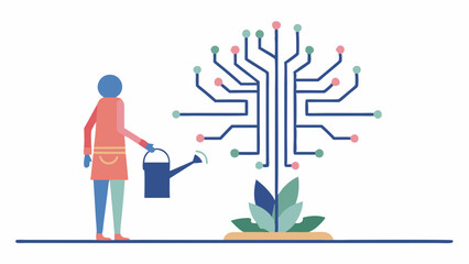 Person watering a digital tree with circuit board branches and leaves in pink and green on a white background