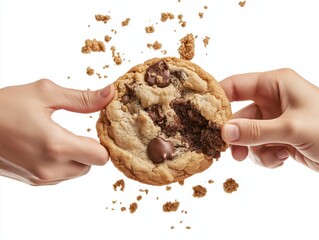 A high-speed studio image of two hands holding a large cookie with a bite taken out of it, offering it toward the camera. 