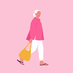 Stylish elderly woman walking with a tote bag. Fashion and lifestyle. Vector flat illustration