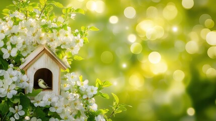 Springtime blossoms surround a small birdhouse.