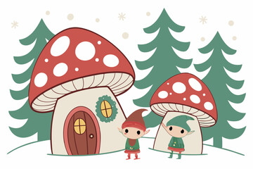 Fototapeta premium Christmas gnomes in mushroom houses vector illustration