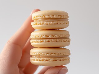 A macro shot of one hand holding a tower of four stacked macarons, tightly cropped to focus on the texture and smooth surface. 
