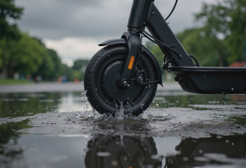 Close-up of an electric scooter wheel splashing through a puddle