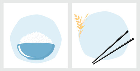 Rice bowl, chopsticks and rice plant sign on white backgrounds vector.