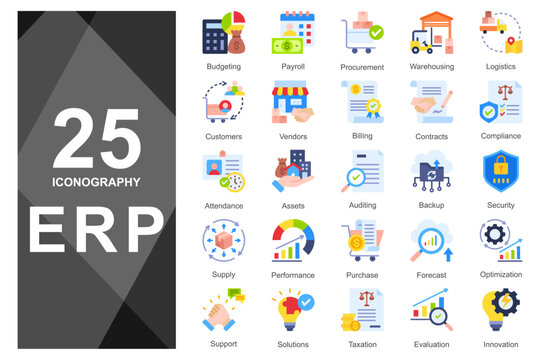 Flat-style icons for enterprise suite dashboards.          