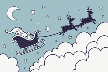 Obraz premium Flying Sleigh Above Clouds with Stars Dreamy Vector Illustration
