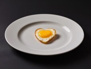 A minimalist shot of a single heart-shaped fried egg placed neatly on a plain white plate.