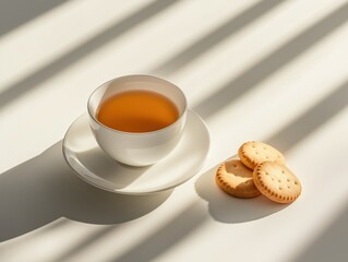 A minimalist shot of a single cup of tea with two or three biscuits arranged beside it.