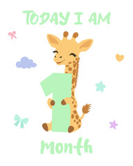 Cute baby giraffe first month card. First month baby milestone greeting card. Newborn one month celebration card.