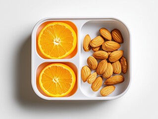 A minimalist studio shot of a lunchbox containing neatly arranged orange slices and a handful of almonds in separate compartments. 