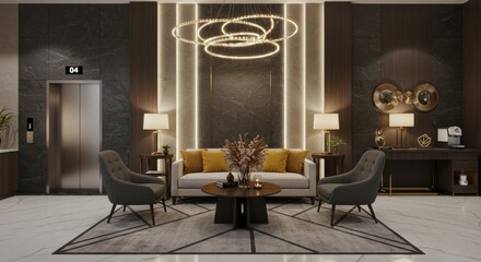 Modern lobby interior design with sofa chairs lighting elevator and table contemporary architecture space