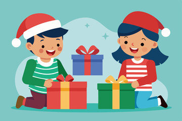 kids opening christmas gifts cartoon vector illustration