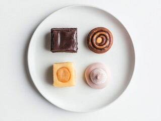 A top-down shot of four dessert items: a chocolate brownie, a molten lava cake, a cinnamon roll with icing, and a pastel-colored mochi. 