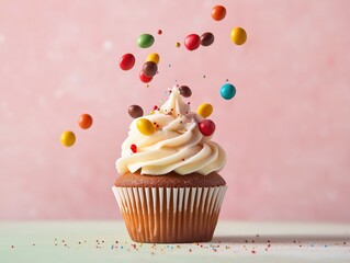 An action shot capturing a candy piece being sprinkled over a cupcake, frozen mid-air.