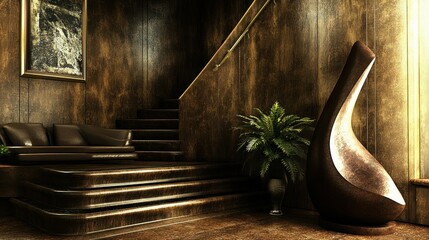 Stylish, dark interior design with winding staircase.