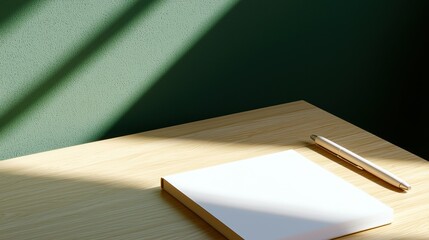 Serene workspace featuring a notebook and pen bathed in gentle sunlight