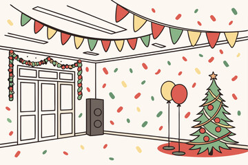 Christmas party background with confetti and lights vector illustration
