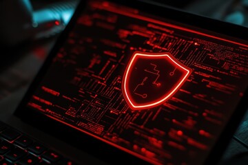 Laptop screen displays red glowing shield graphic over circuit board