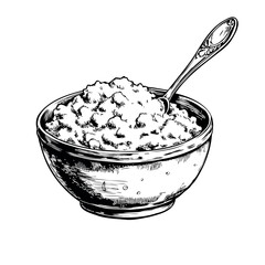 Bowl of cottage cheese with spoon in vintage hand drawn style