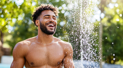 Man enjoying refreshing water shower outdoors, smiling joyfully under sunlight