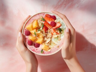 A bright, airy studio shot of a person holding the smoothie bowl in both hands, showing off the colorful toppings. 