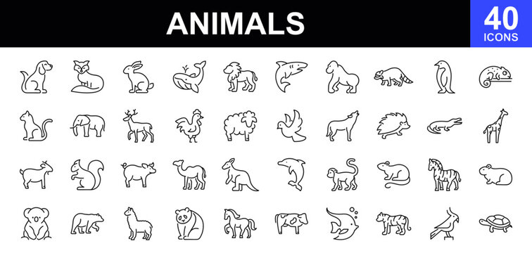Animals icon set. Wild, domestic animals and sea inhabitants icons. Contains such icons as cow, goat, pig, horse, rooster, sheep, monkey, deer, wolf, rabbit, penguin, tiger,  shark, whale and more