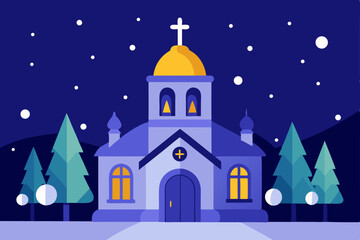 Fototapeta premium traditional church with bells on snowy night vector illustration