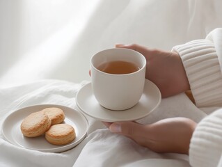 A bright studio photo of a person gently holding a tea cup with both hands, with a plate of biscuits beside it. 