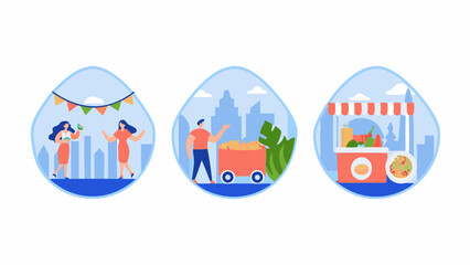 Obraz premium Illustration depicting people celebrating, a man with a food cart, and a food stand against a city backdrop