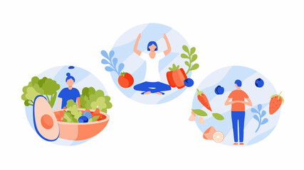 Three circular illustrations depicting healthy lifestyle choices with food, yoga, and mindful eating habits