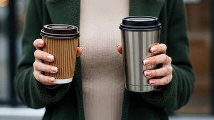 Person holding two different coffee cups in urban setting - Powered by Adobe