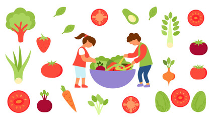 Children making a salad with fresh vegetables including tomatoes carrots and leafy greens in a bowl together
