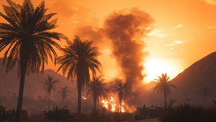 Fiery sunset over a desert landscape with palm trees and smoke