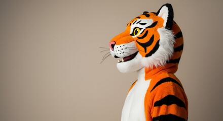 A person in a tiger mascot costume, wearing orange and black stripes, with white fur, stands in profile view against a neutral backdrop. Mascot costume for school event, student body appearance.