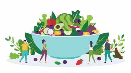 Illustration of a large bowl filled with salad surrounded by people and greenery on a white background