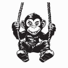 Cute monkey swinging on a rope smiles cheerfully image vector isolated on white background.