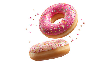 Two pink glazed donuts with sprinkles are depicted in a dynamic pose, appearing to be in motion against a striking red and pink backdrop.