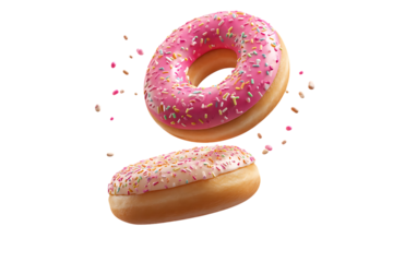 Two pink glazed donuts with sprinkles are depicted in a dynamic pose, appearing to be in motion against a striking red and pink backdrop.