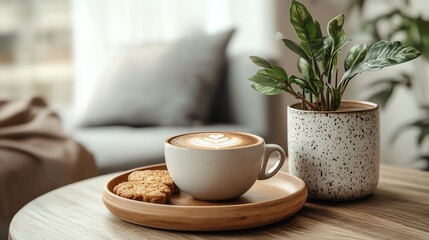 A cozy scene with a latte, cookies, and a plant on a wooden table. Perfect for a relaxing break.