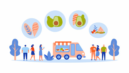Illustration of a food truck with people and trees and food icons above the truck in light blue circles