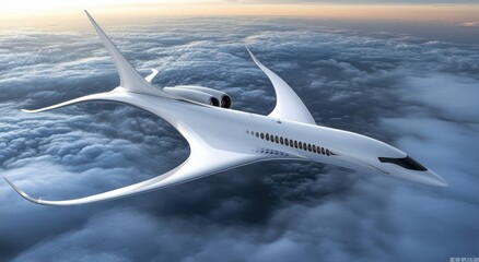 Futuristic white jet plane soaring above clouds