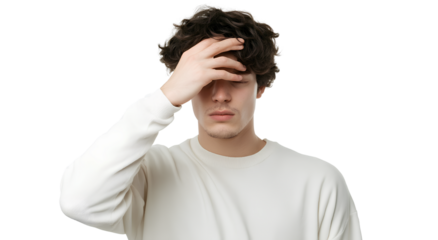 A man of Asian descent crying with his hands on his face, against a white background, in a sticker-like style, with a transparent PNG format. 