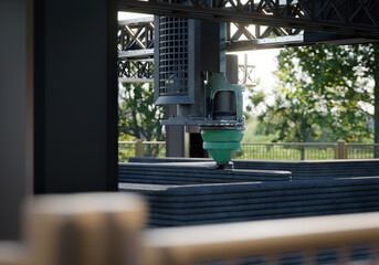 Close-up of a 3D printer constructing a concrete wall outdoors, surrounded by trees.