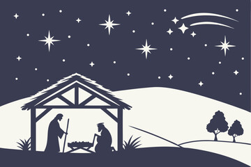 Fototapeta premium nativity scene under starlit sky silhouette vector illustration
