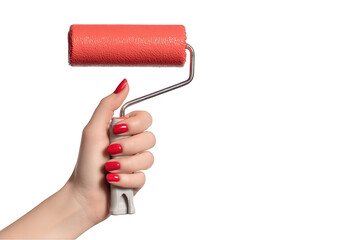Woman hand holding a paint roller with coral color paint ready for home improvement and interior decoration projects showing fresh and vibrant colors perfect for a diy on transparent background red