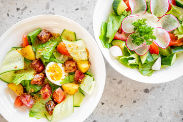 Two bowls of fresh vegetable salads with mixed greens, cucumber, tomato, radish, parsley, egg, diced meat, and dressing on a light surface, creating a vibrant and healthy meal.